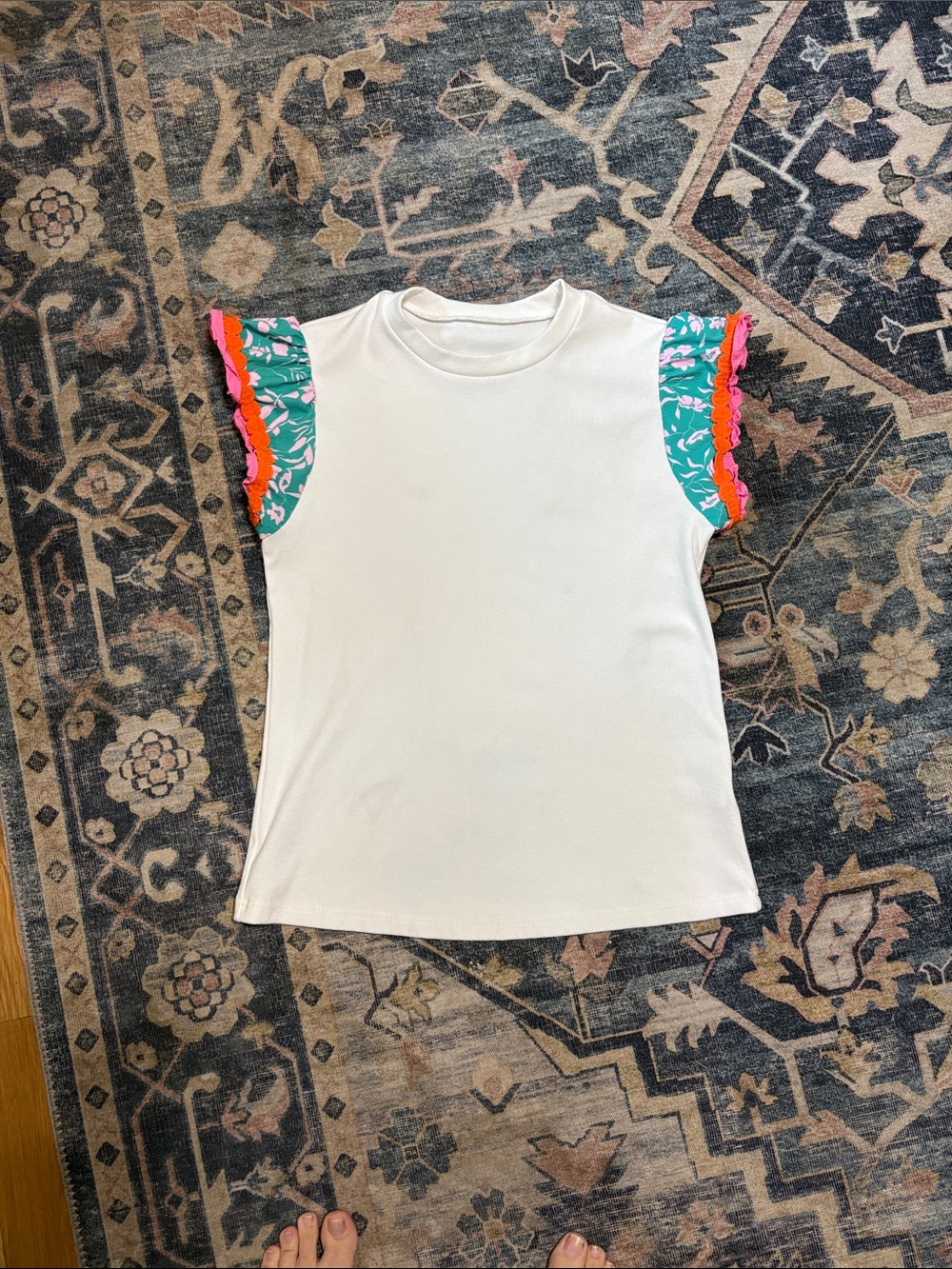 White Tank with Green Floral Ruffle Sleeves and Pink Trim